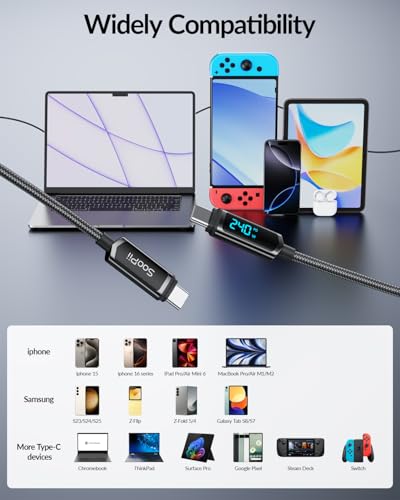 SOOPII 240W USB C Cable with LED Display,Nylon Braided,Black [10ft/2Pack] - color: Black, size: 10 Feet (2-Pack) 240W