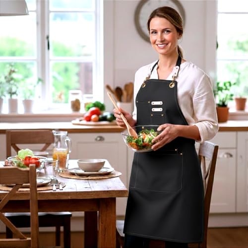 Dulabi Apron, Adjustable Chef Apron for Women and Men with Large Pockets, Cooking Kitchen Apron with Back Straps - color: Black