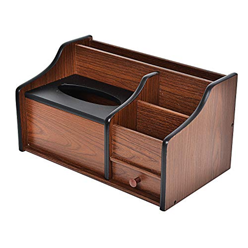 Cherry Brown Wood Desk Organizer Tissue Box Lid Multiple Slots Drawer Tabletop Storage Cabinet Solid Wood Phone Tablet Remote Control Holder Office Supplies Caddy Accessory Sorter Home