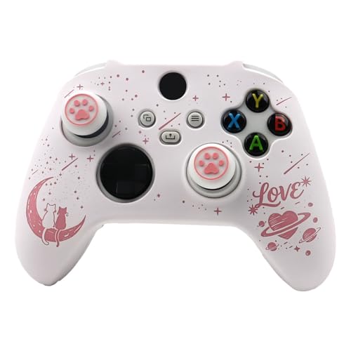 Moonlit Cats with a Loving Heart Controller Skin Compatible with Xbox Series X Wireless Controller, RALAN Protector Case， Customised Thumb Grips Cap - color: MCats White Pink