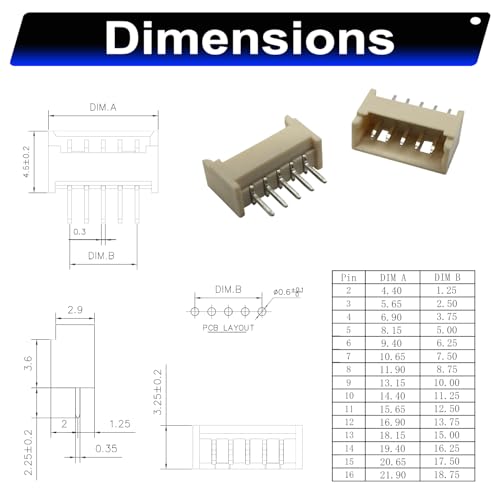 Compatible with Molex 1.25mm Pitch PicoBlade PCB Header Vertical Through Hole 2 3 4 5 6 7 8 9 10 12 Circuits (TC-MX-1.25mm-DIP-VER) - size: Through Hole-Vertical