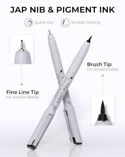 JusArt Fineliner Pens, 8 Sizes, Ultra Fine Point & Brush Waterproof - color: 8-Black
