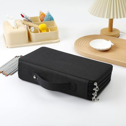 Canvas 300 Slots Pencil Case 4-Layer Zipped Holder w/Handle - color: Black, size: 300