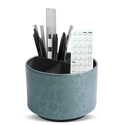 lizimandu Round Leather Art Supply Organizer,Remote Control Holder,360 Degree Spinning,Multi-Functional Pencil Holder,4 Compartments Desktop Stationary Organizer(1-Liuli Green) - color: 1-Liuli Green