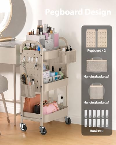 ALVOROG 3 Tier Metal Rolling Utility Cart with Pegboards,Baskets,Hook,Khaki - color: Khaki