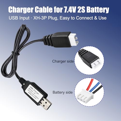 2-Pack USB Charger Cable for 7.4V 2S LiPo Battery XH-3P Plug RC Car