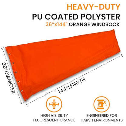 36"x144" Airport Windsock | Heavy Duty, FAA Compliant, All Weather, Waterproof, UV Fade Resistant, High Vis Fluorescent, Quad Stitched, Zip Ties Included, for Industrial, Aviation, Farm Use | Orange - size: 36"x144" (FAA Compliant Size)