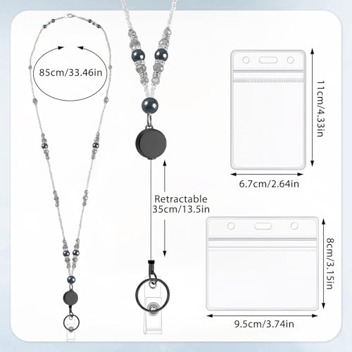 Beaded Teacher Lanyard with Retractable Badge Reel, Black - color: Black
