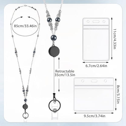 Beaded Teacher Lanyard with Retractable Badge Reel, Black - color: Black