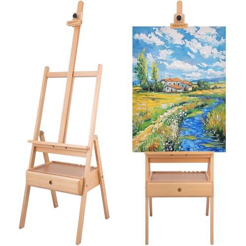 Large Beechwood H-Frame Studio Easel Stand with Storage Drawer, Natural - style: Basic Natural