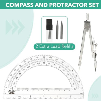 Mr. Pen- Compass and Protractor Set, Metal Math Compass with Refills, 6 Inch Protractor, Plastic Drawing Tool, Student Geometry Math Set for Students, School, Art, Drafting