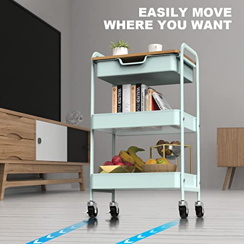 3 Tier Rolling Cart, Utility Cart with Drawer& Table Top, Mint Green - color: Mint Green