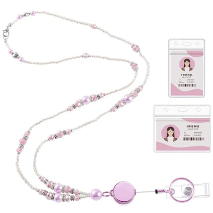 Beaded Teacher Lanyard with Retractable Badge Reel, Pink - color: Pink