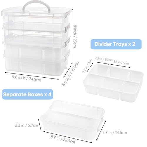 Foraineam 4-Tier Clear Storage Bins With 2 Divided Trays, Stackable Carry Storage Box Container, Plastic Lidded Organizer Case With Handle for Beads, Tools, Arts & Crafts, Sewing, Office Supplies