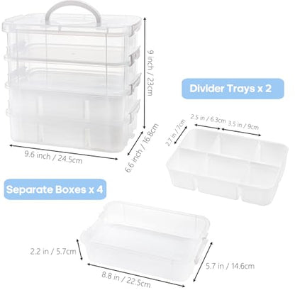 Foraineam 4-Tier Clear Storage Bins With 2 Divided Trays, Stackable Carry Storage Box Container, Plastic Lidded Organizer Case With Handle for Beads, Tools, Arts & Crafts, Sewing, Office Supplies