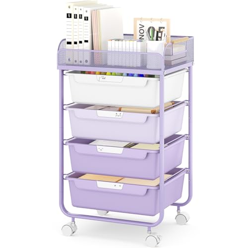 SYKIARIOL 4-Drawer Rolling Storage Cart with Mesh Top,Purple - color: Purple