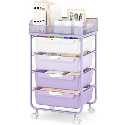 SYKIARIOL 4-Drawer Rolling Storage Cart with Mesh Top,Purple - color: Purple
