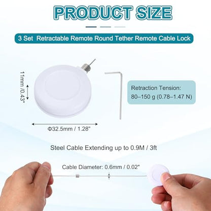 PATIKIL Retractable Remote Control Cable Tether (3ft / 0.9M, White)(3 Set) Round Remote Control Security Lanyard Lock Adjustable Locking Leash with Iron Cap, Suit for - TVs/Tablets - color: White