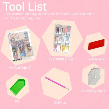 Gamteldot Bookstore Diamond Art Kits for Adults Beginner,Pink Diamond Art - color: Bookstore