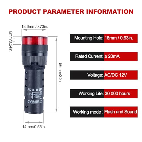 2pcs 16mm 12V Buzzer with Red LED Indicator Light Flash Alarm Beep Signal Intermittent Sound - size: 16mm / 12V