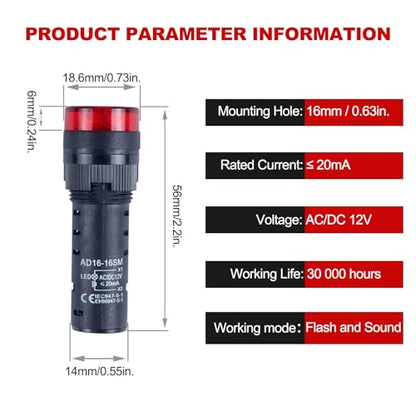 2pcs 16mm 12V Buzzer with Red LED Indicator Light Flash Alarm Beep Signal Intermittent Sound - size: 16mm / 12V