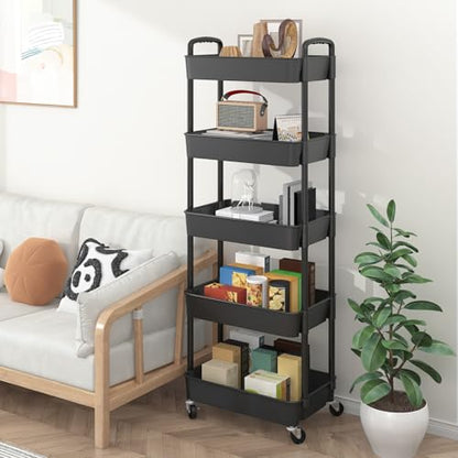 Sywhitta 5-Tier Plastic Rolling Utility Cart with Wheels,Black - color: Black, size: 5-tier