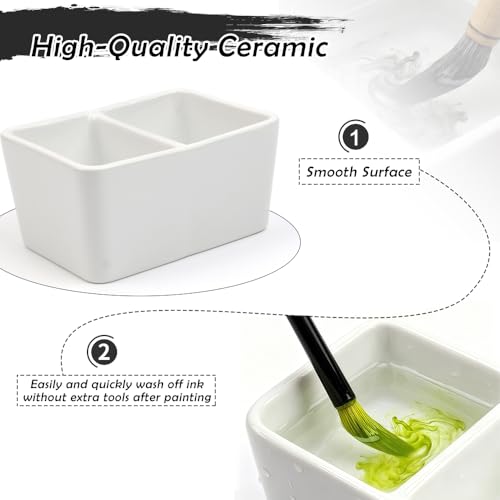 Ceramic Paint Palette 2 Deep Well Paint Brush Wash Bowl Paint Brush Washing Container Large Capacity Wash Bowl for Watercolor Gouache Painting