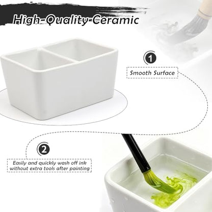 Ceramic Paint Palette 2 Deep Well Paint Brush Wash Bowl Paint Brush Washing Container Large Capacity Wash Bowl for Watercolor Gouache Painting