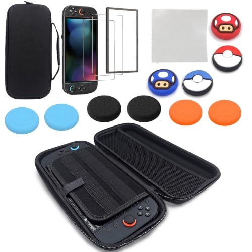 USHTJSKLIN Carrying Case for Nintendo Switch 2 Case 14in1 Set,Screen Protectors 2-Pack with Alignment Frame,Thumb Grips 10-Pack,Glasses Cleaning Cloths - color: Black