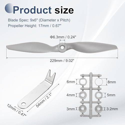 MECCANIXITY 9x6 Inch RC Propellers, 2-Vane Blades Prop Replacements Gray High Speed Propeller with Adapter Rings & Prop Wrench for RC Airplane Drones, Pack of 4 - size: 9" x 6"