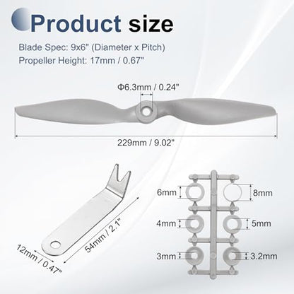 MECCANIXITY 9x6 Inch RC Propellers, 2-Vane Blades Prop Replacements Gray High Speed Propeller with Adapter Rings & Prop Wrench for RC Airplane Drones, Pack of 4 - size: 9" x 6"