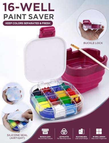 16-Well Airtight Empty Palette Box with Lid & Foldable Water Cup, Pink - color: Pink