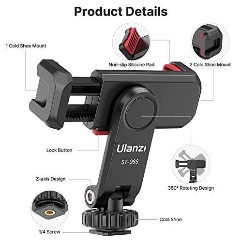 ULANZI ST-06S Phone Tripod Mount, Universal Phone Mount w 2 Cold Shoe