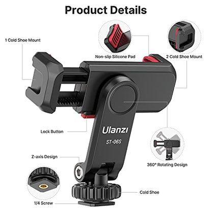 ULANZI ST-06S Phone Tripod Mount, Universal Phone Mount w 2 Cold Shoe
