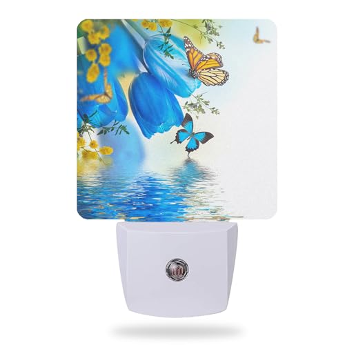 Night Light for Kids,Blue Tulips and Butterfly LED Night Light Plug into Wall with Dusk to Dawn Sensor for Girls Boys Room Decor,Hallway,Kitchen,Bathroom,Nursery,Stairs - color: Blue Tulips and Butterfly