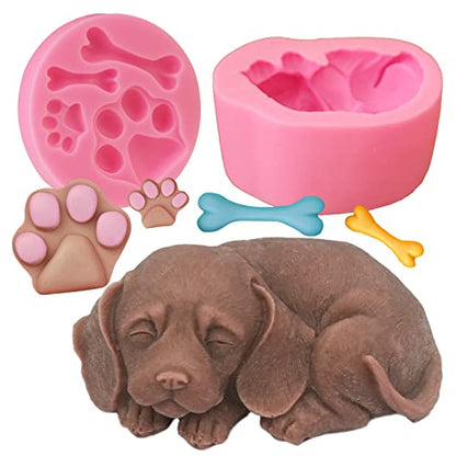 2Pcs Dog Silicone Soap Molds 3D Puppy Paw Bone Shape Silicone Fondant Mould Cute Dog Candle Soap Wax Epoxy Resin Mold Chocolate Candy Cake Baking Molds DIY Art Craft Cake Home Decor - color: 1pc Dog+1pc Paw Bone