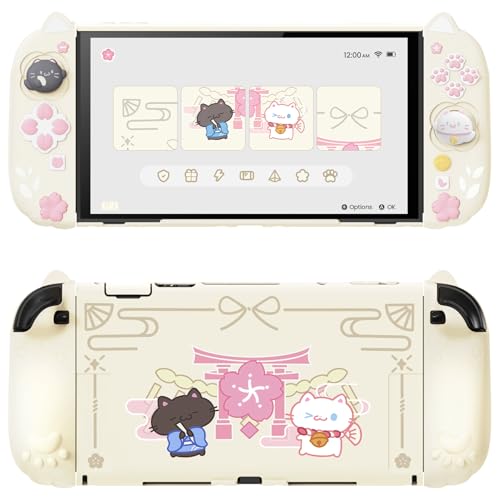 PlayVital Cherry Blossoms Kitten Protective Case for Nintendo Switch 2 with Stand | Cute Cat Ear & Paw Silicone Grips, Dockable Hard Shell, 2 Joystick Caps | Full-Body Protection Cover, Antique Yellow - color: NS2 Antique Yellow