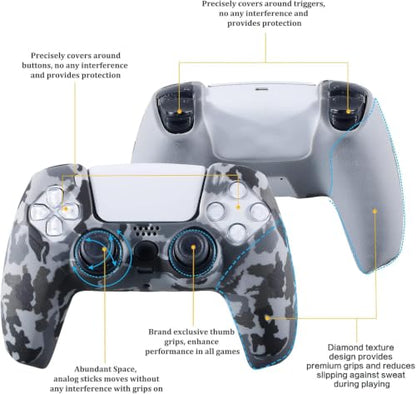YoRHa Grip Texture Silicone Skin for PS5 Controller x 2(Grey Camouflage) with Pro Thumb Grips x 8