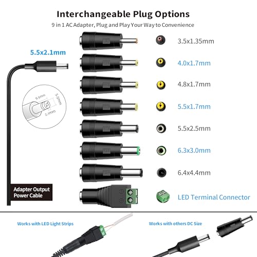 Tonton 12V 2A 6Ft Power Supply Adapter, 24W Universal Charger AC 100-240V with 8Tips to 12Volt DC Plug 2A 1.8A 1.5A 1.2A 1A 0.5A UL/CE/FCC Certified for LED, Router, Security Camera, Keyboard, Scanner - color: 12V 2A+8Tips