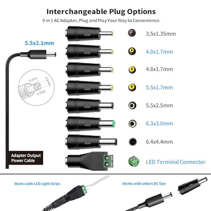 Tonton 12V 2A 6Ft Power Supply Adapter, 24W Universal Charger AC 100-240V with 8Tips to 12Volt DC Plug 2A 1.8A 1.5A 1.2A 1A 0.5A UL/CE/FCC Certified for LED, Router, Security Camera, Keyboard, Scanner - color: 12V 2A+8Tips