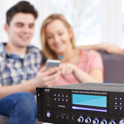 Pyle 4 Channel Bluetooth Home Amplifier - Front Loading DVD/CD Player - 3000W Peak Stereo Receiver - 2 Mic Inputs w/ Echo, FM Radio,Optical In,USB,RCA,Composite, LED Level Meter, Rack Mount - PD3000BA - style: 3000W