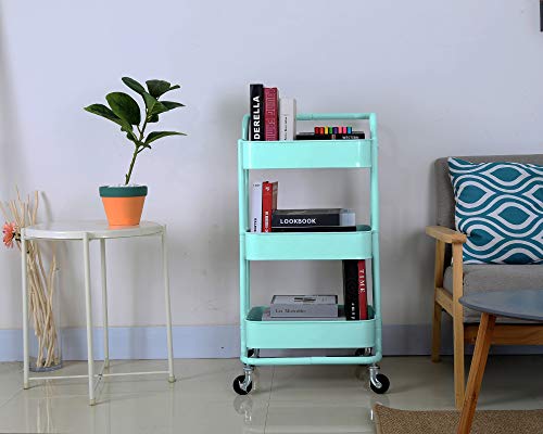 3-Tier Metal Mesh Rolling Cart Storage Organizer with Utility Handle and Wheels, Turquoise - color: A- Turquoise