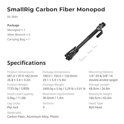 SmallRig 65.6"/ 166.5cm Carbon Fiber Ball Head Monopod for Camera - size: 166.5cm / 65.6"