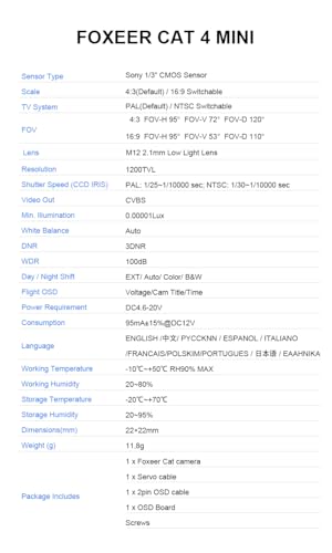 FPV Camera Foxeer Mini Cat 4, 1200TVL Super Starlight Night Vision Camera with 2.1mm Low Light Lens, OSD Menu Remote Control, Global WDR for RC FPV Racing Drone