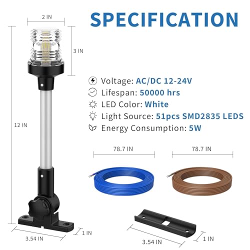 Obcursco Boat Stern Light, Bimini Top LED Anchor Light, Boat Accessories - size: 12''Horizontal Swing