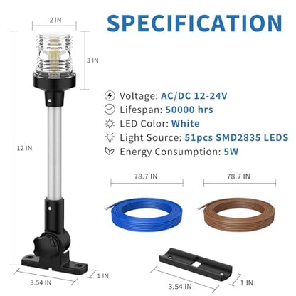 Obcursco Boat Stern Light, Bimini Top LED Anchor Light, Boat Accessories - size: 12''Horizontal Swing