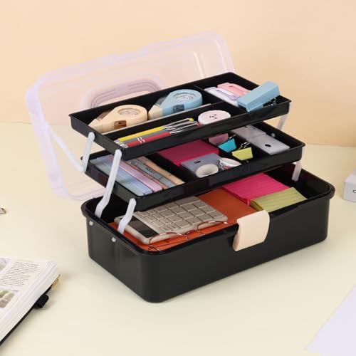 Tackle Box, 3-Layer Craft Sewing Medicine Art Hair Tool Organizer Black - color: Black