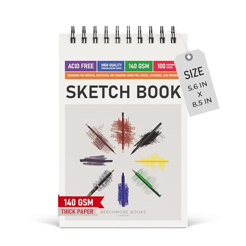 BEECHMORE BOOKS 5.6x8.5 A5 Spiral Sketchbook 140 GSM 100 Perforated Pages - size: A5 (5.6" x 8.5")