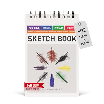 BEECHMORE BOOKS 5.6x8.5 A5 Spiral Sketchbook 140 GSM 100 Perforated Pages - size: A5 (5.6" x 8.5")