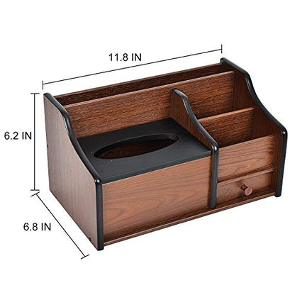 Cherry Brown Wood Desk Organizer Tissue Box Lid Multiple Slots Drawer Tabletop Storage Cabinet Solid Wood Phone Tablet Remote Control Holder Office Supplies Caddy Accessory Sorter Home